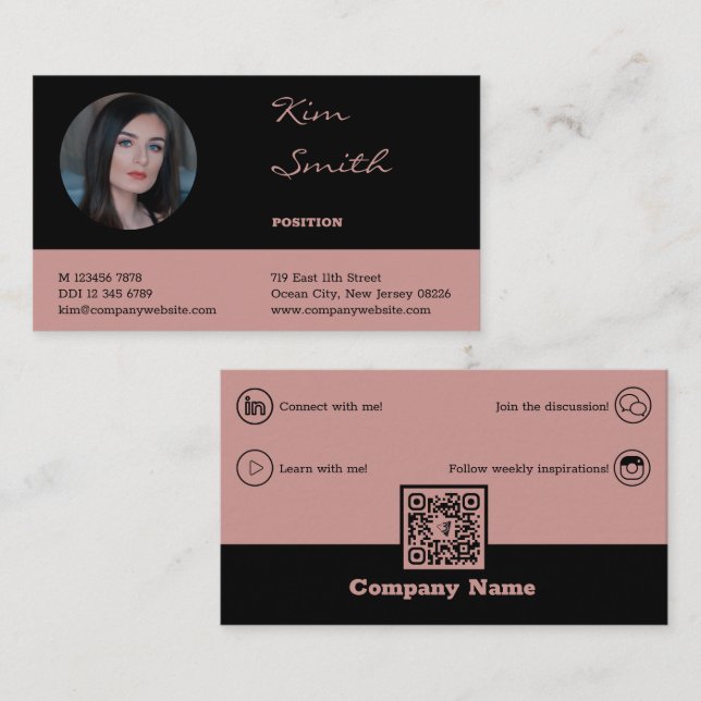 Carte De Visite Code QR professionnel élégant noir et rose (Devant / Derrière)