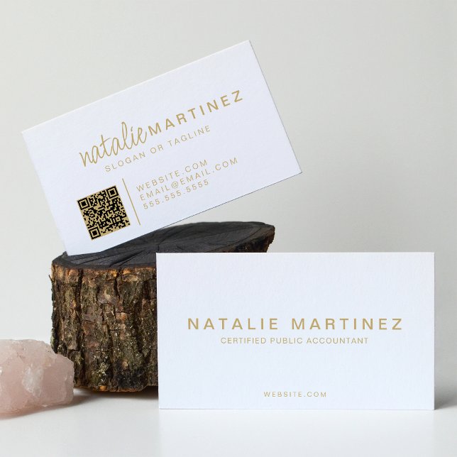 Carte De Visite Code QR Professionnel Élégant Script Blanc Et Or (Créateur téléchargé)