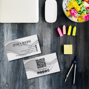 Carte De Visite Code QR professionnel minimal blanc argent