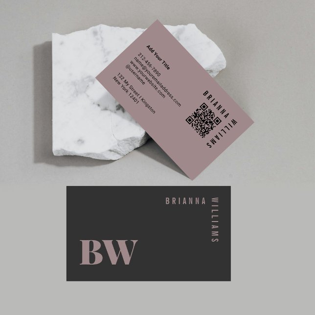 Carte De Visite Code QR Professionnel Monogramme Minimal Rose Gris (Créateur téléchargé)