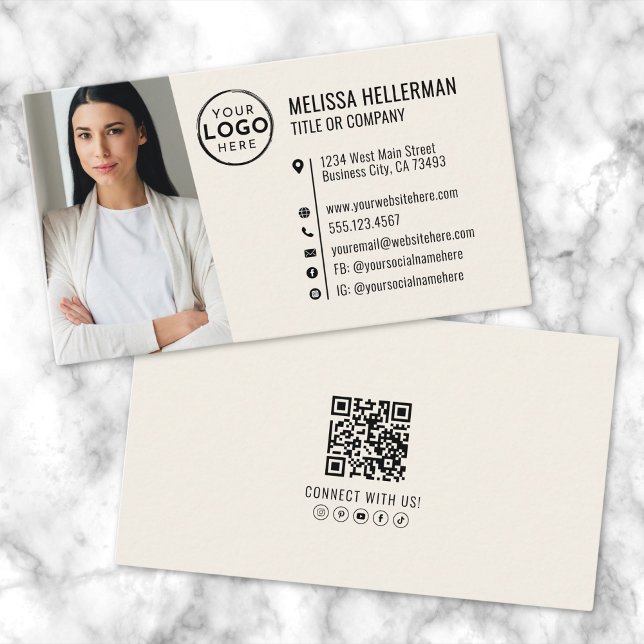Carte De Visite Code QR professionnel Photo Votre logo Cream (Professional QR Code Photo Your Logo Cream Business Card)