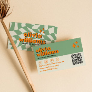 Carte De Visite Code QR Rétro Psychédélique Groovy à Damier Unique