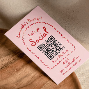 Carte De Visite Code QR rétro rouge rose manuscrit fille Whimsical