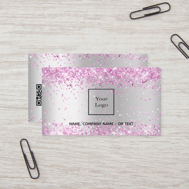 Carte De Visite Code QR rose argent (Devant/Arrière en situation)