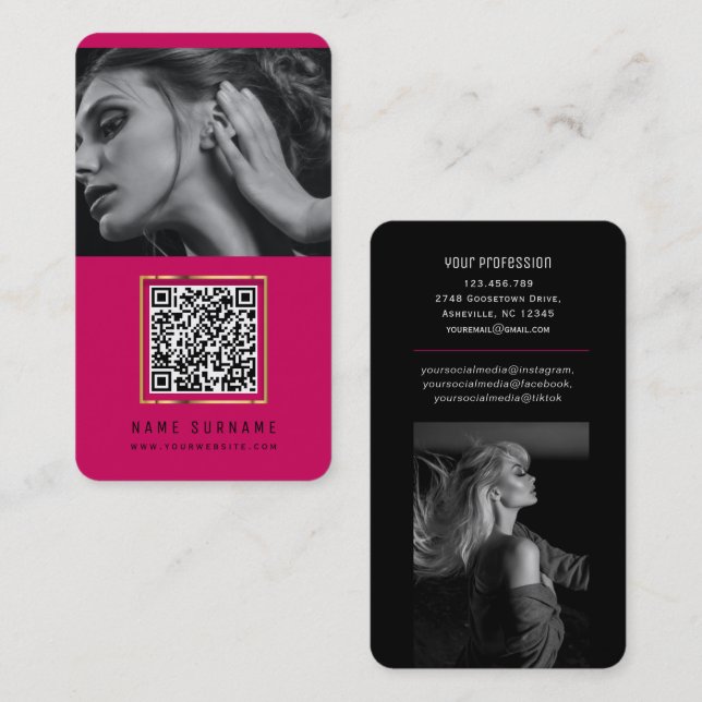 Carte De Visite Code QR rose chaud tendance photo des médias socia (Devant / Derrière)
