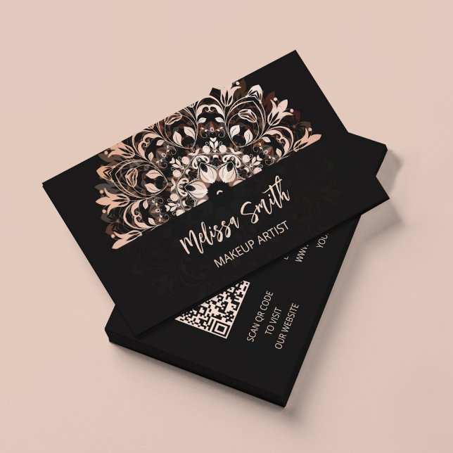 Carte De Visite Code QR | Rose Gold Black Floral Mandala (Créateur téléchargé)
