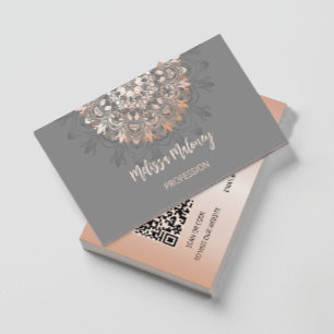 Carte De Visite Code QR   Rose Gold Grey Floral Mandala