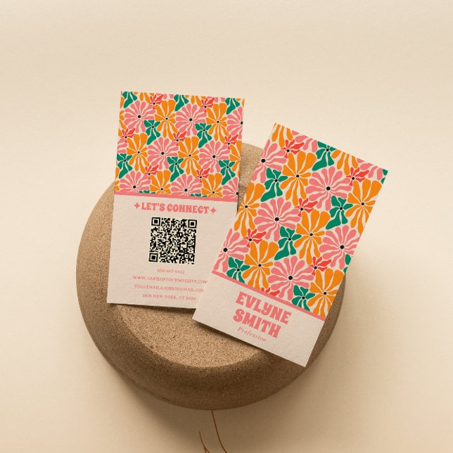 Carte De Visite Code QR rose rétro Super Floral tendance (Créateur téléchargé)