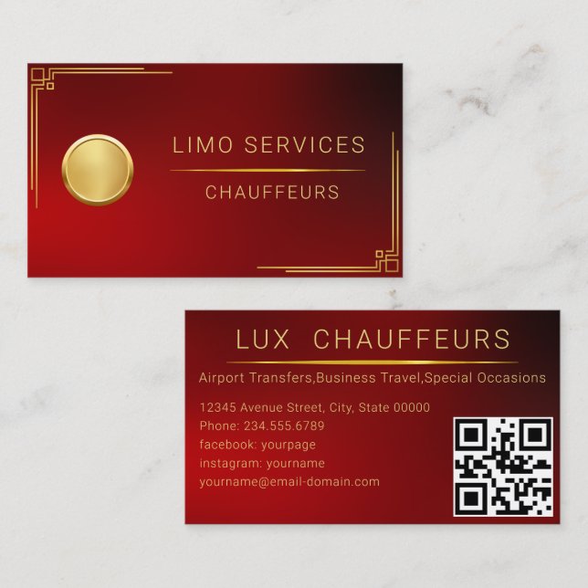 Carte De Visite Code QR Rouge Limo Driver And Chauffeur Service (Devant / Derrière)