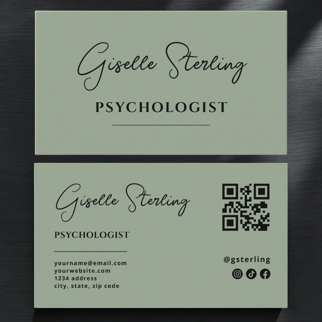 Carte De Visite Code QR Sage Vert Psychologue (Créateur téléchargé)