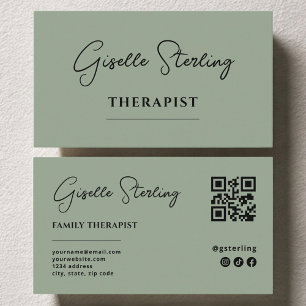 Carte De Visite Code QR Sage Vert Thérapeute Psychologue