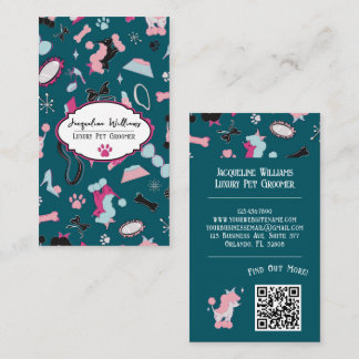 Carte De Visite Code QR Salle de toilettage pour animaux Teal Girl