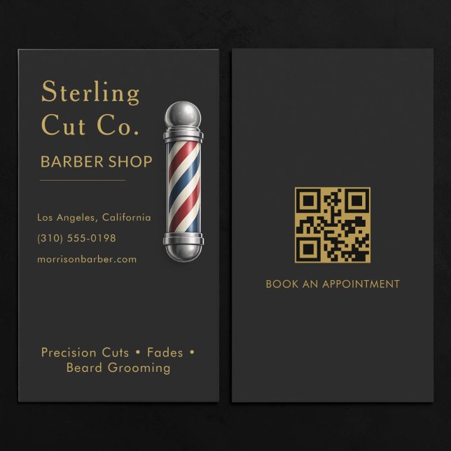 Carte De Visite Code QR Salon de Coiffure Noir (Créateur téléchargé)