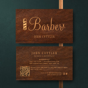 Carte De Visite CODE QR salon de coiffure vintage cuir enseigne de