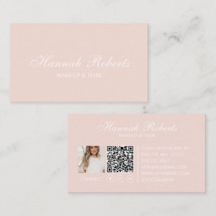 Carte De Visite Code QR Social Script Rose Pâle Photo Maquillage C