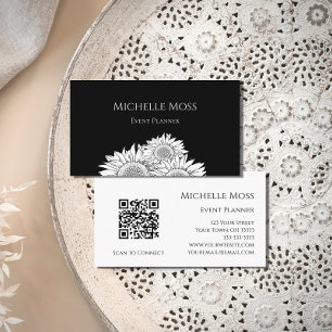 Carte De Visite Code QR Sunflowers Black White Event Planner