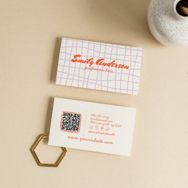 Carte De Visite Code QR Super extrait à la main violet rétro (Créateur téléchargé)