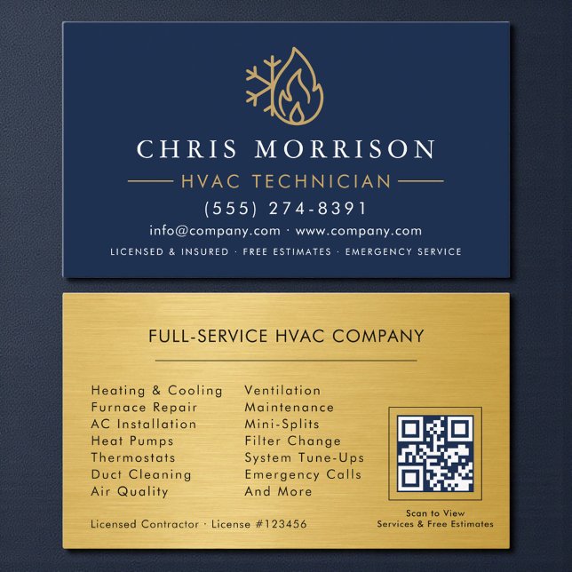 Carte De Visite Code QR Technicien CVC Bleu Nuit Or (Créateur téléchargé)