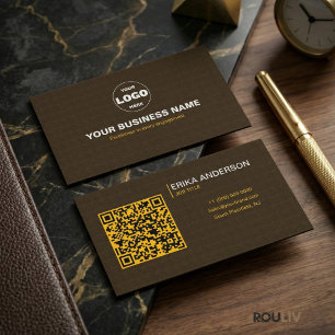 Carte De Visite Code QR Texturé Brun Foncé Luxueux Minimal Or