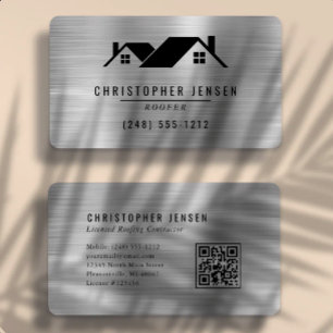 Carte De Visite Code QR Toiture Noir Argent Métallisé Arrondi