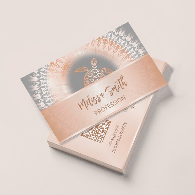 Carte De Visite Code QR | Tortue Mandala Rose Gold (Créateur téléchargé)