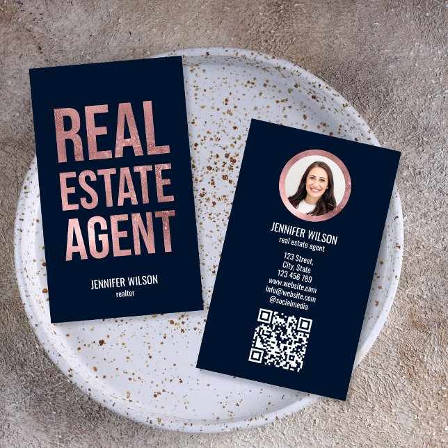 Carte De Visite Code QR unique Professional Real Estate Realtor (rose gold modern typography)