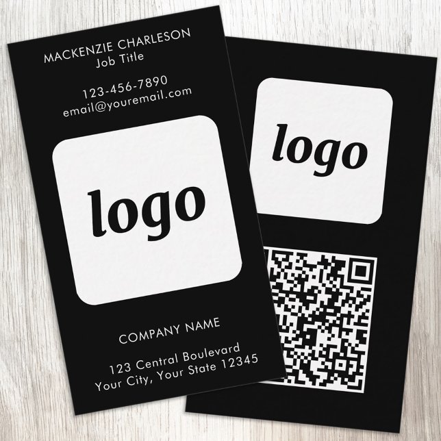 Carte De Visite Code QR vertical avec texte de logo simple noir (Simple logo with custom text and QR code business branding promotional vertical black business cards)