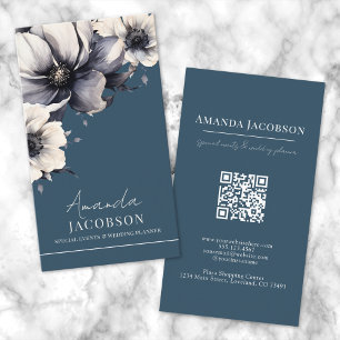 Carte De Visite Code QR vertical bleu floral élégant professionnel