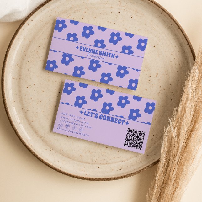 Carte De Visite Code QR Violet Bleu Rétro Fleur Groovy Unique (Créateur téléchargé)