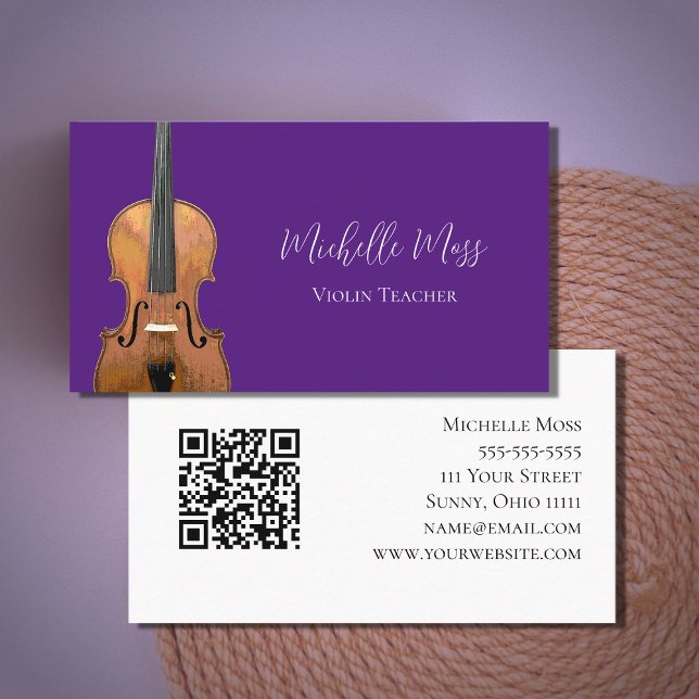 Carte De Visite Code QR Violon Enseignant Purple Musicien (Créateur téléchargé)