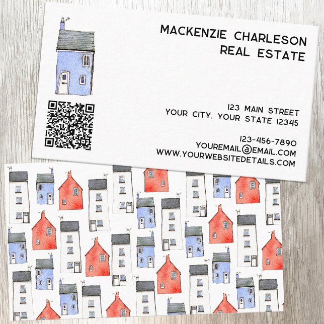 Carte De Visite Code QR Watercolor House (Watercolor house QR code business card suitable for real estate agent, builder, home renovation etc)