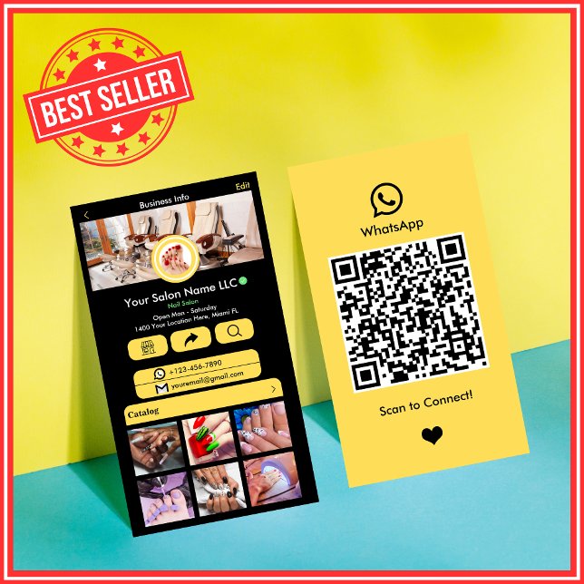 Carte De Visite Code QR WhatsApp | Salon de Manucure Moderne Jaune (Créateur téléchargé)