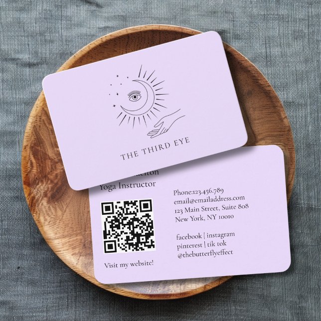Carte De Visite Code QR - Yoga Reiki Wellness Moon Eye  (QR Code- Moon Eye Yoga Reiki Wellness Purple Business Card)
