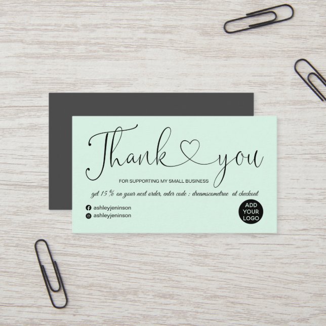 Carte De Visite Coeur de script moderne turquoise ordre bleu merci (Devant/Arrière en situation)