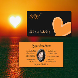 Carte De Visite Coeur orange mou noir avec Monogramme et photo