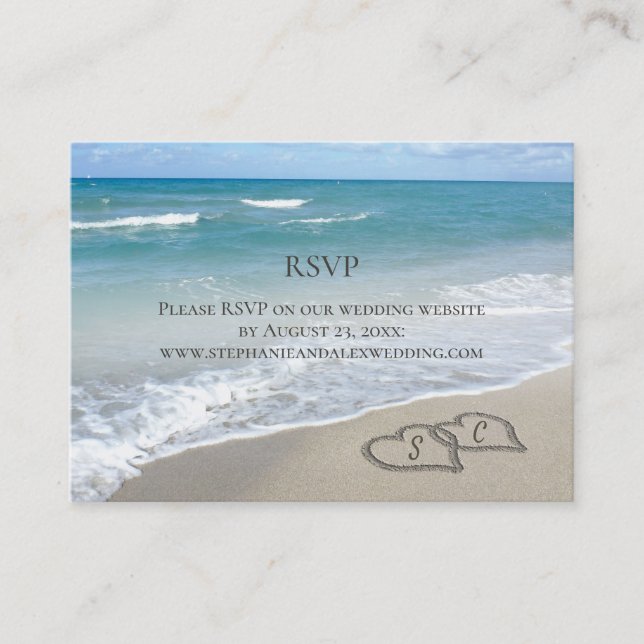 Carte De Visite Coeurs pittoresques dans Sand Beach Wedding RSVP R (Devant)