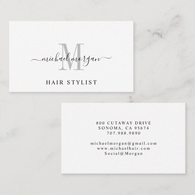 Carte De Visite Coiffeur à la Monogramme de Script Minimal (Devant / Derrière)
