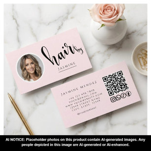 Carte De Visite Coiffeur Code QR Photo Rose Pâle Icônes Sociales 