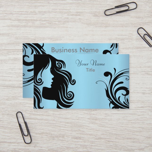 Carte De Visite Coiffeur de femme de silhouette - bleu layette (Devant/Arrière en situation)