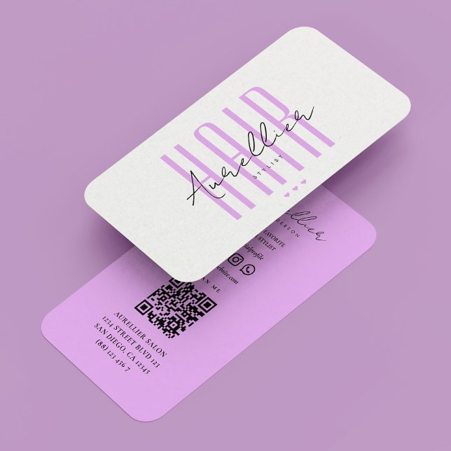 Carte De Visite Coiffeur Minimal Script Blanc Violet (Minimal Hair Stylist Script White Purple Business Card
)