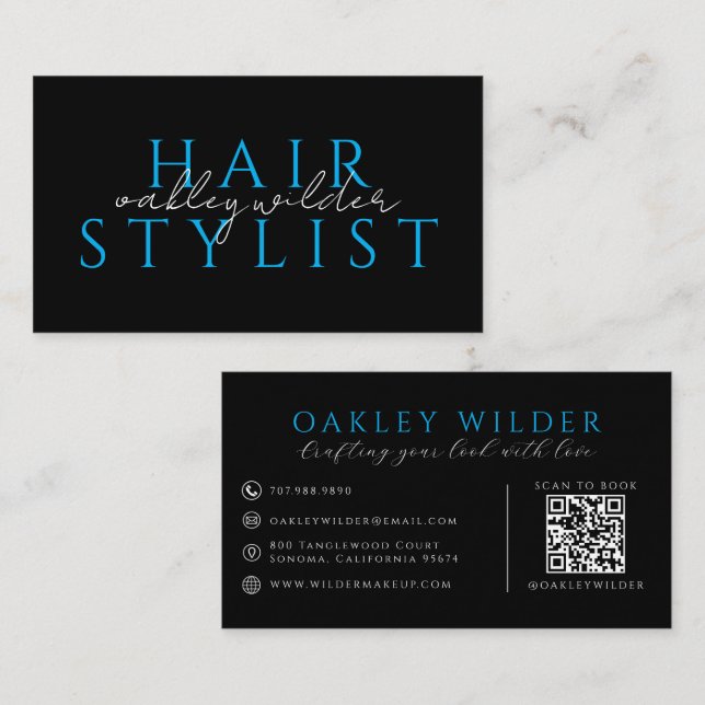 Carte De Visite Coiffeur Moderne Code QR Noir Bleu  (Devant / Derrière)