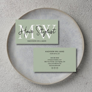 Carte De Visite Coiffeur Moderne Monogramme Vert Sauge