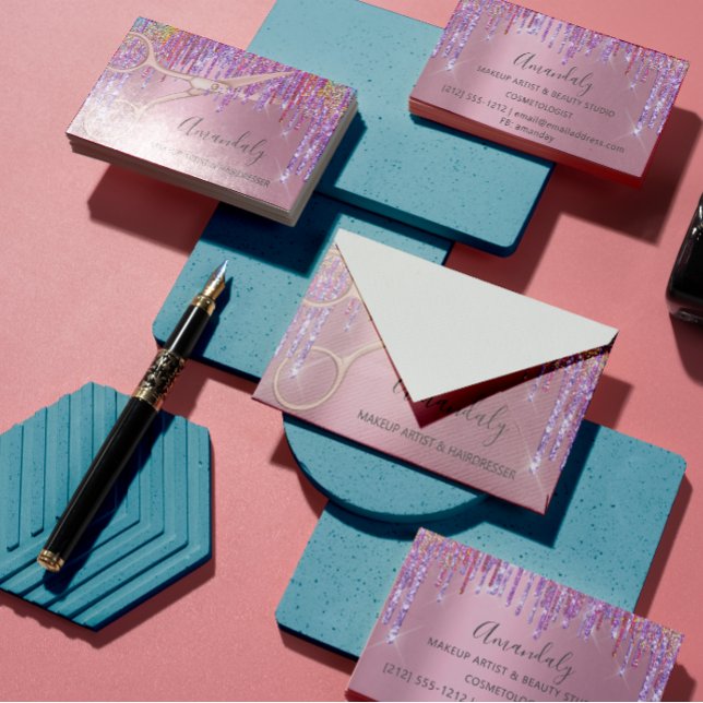 Carte De Visite Coiffeur Rose  ciseaux de Parties scintillant (Créateur téléchargé)