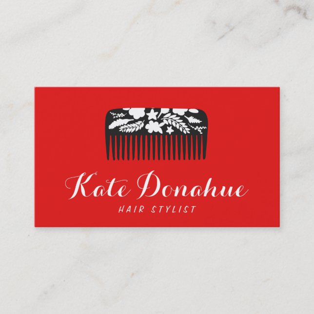 Carte De Visite Coiffeur rouge gras Floral Comb Salon de coiffure (Devant)