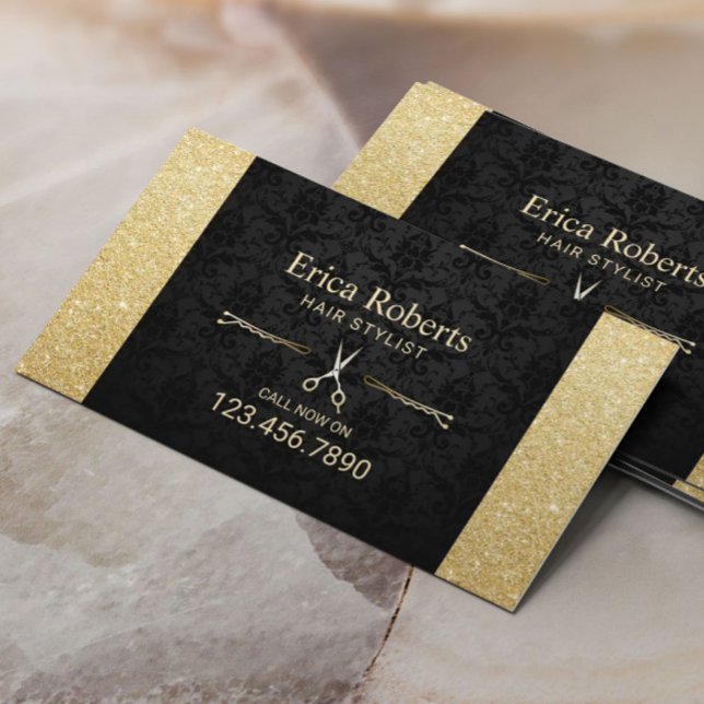 Carte De Visite Coiffeur Styliste Beauté Salon Black & Gold Partie (Créateur téléchargé)