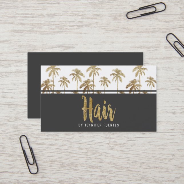 Carte De Visite Coiffeur tropical de palmiers d'or fascinant (Devant/Arrière en situation)