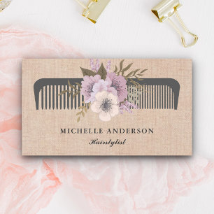 Carte De Visite Coiffeuse à peigne floral rose en jute rustique