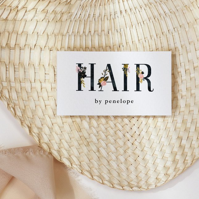 Carte De Visite Coiffeuse | Gold Blush Black Floral Typographie (Pretty business cards for hairstylists with black letters and floral typography)