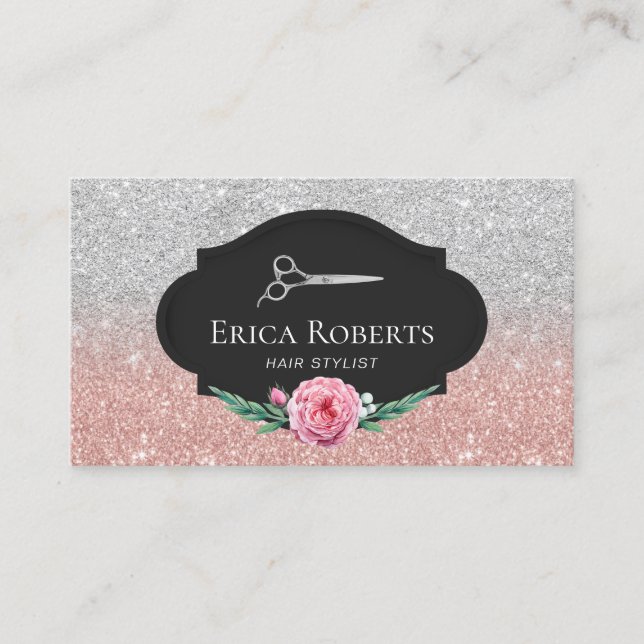 Carte De Visite Coiffeuse Stylo Rose Gold & Silver Parties scintil (Devant)