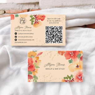 Carte De Visite Coiffure fleurie en or peach en gras logo qr code
